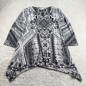 World Unity Tunic Top Women's Large Black White Paisley Boho Rhinestone Gypsy